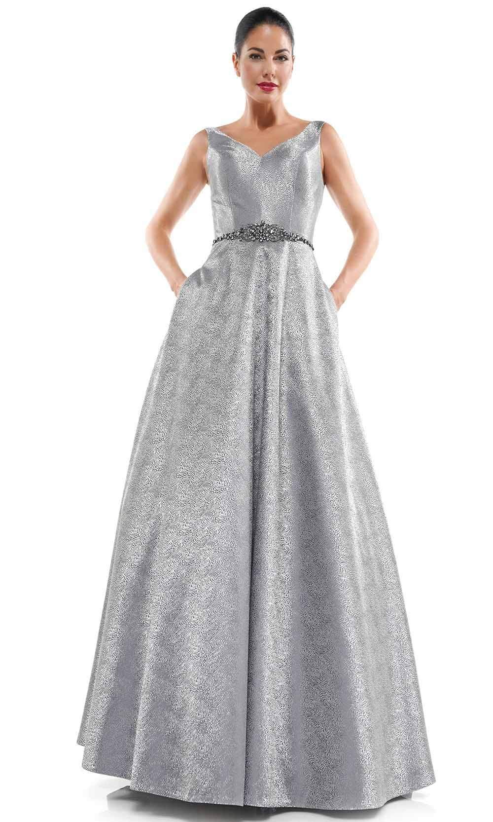 Marsoni by Colors - MV1033 Sleeveless V-Neck Beaded Waist Brocade Gown Mother of the Bride Dresses 4 / Silver