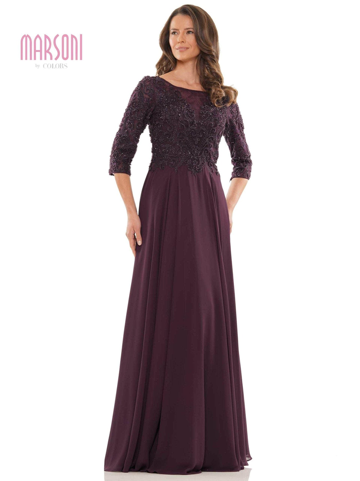 Marsoni by Colors - MV1052 Embroidered Bateau Chiffon A-line Gown Mother of the Bride Dresses 6 / Eggplant
