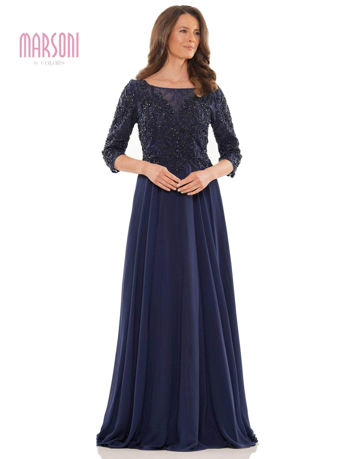 Marsoni by Colors - MV1052 Embroidered Bateau Chiffon A-line Gown Mother of the Bride Dresses 6 / Navy