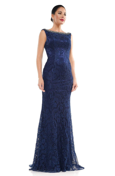 Marsoni by Colors - MV1053 Embroidered Bateau Trumpet Dress With Train Evening Dresses 4 / Navy