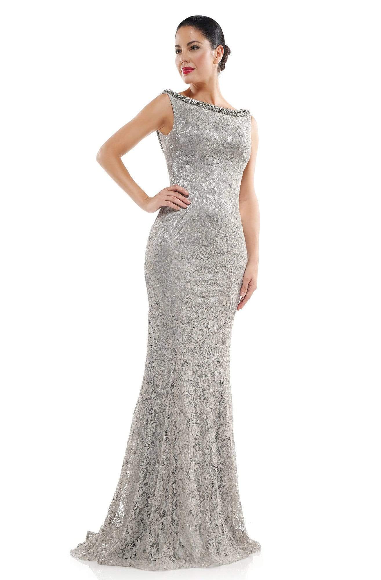 Marsoni by Colors - MV1053 Embroidered Bateau Trumpet Dress With Train Evening Dresses 4 / Silver
