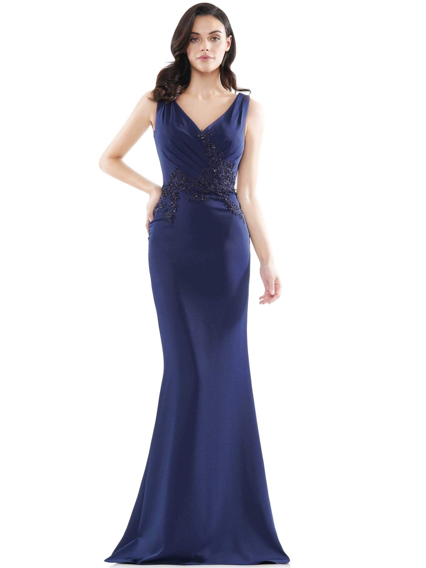 Marsoni by Colors - MV1054 Embroidered V-neck Trumpet Dress Mother of the Bride Dresses 4 / Navy