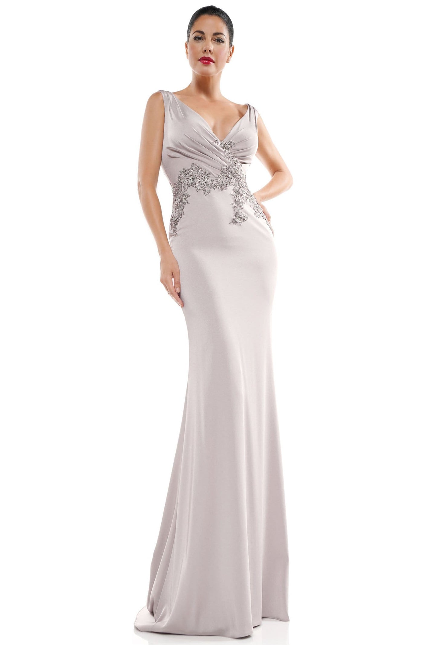 Marsoni by Colors - MV1054 Embroidered V-neck Trumpet Dress Mother of the Bride Dresses 4 / Silver
