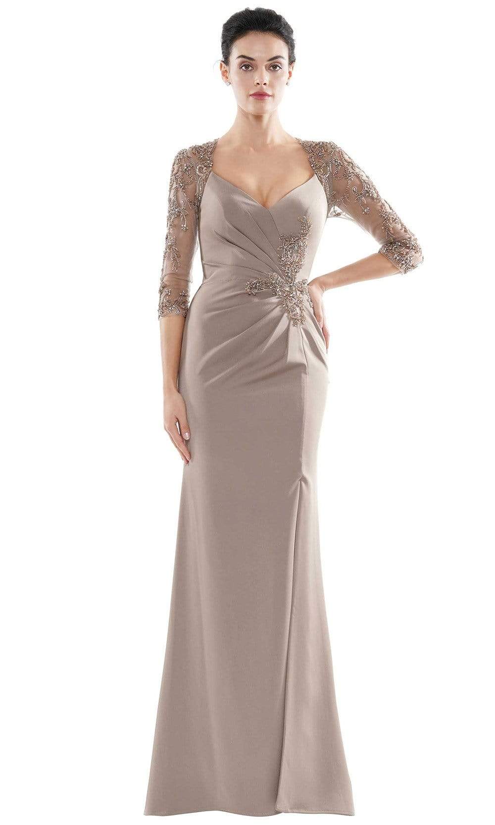 Marsoni by Colors - MV1070 Beaded Sheer Sleeves V Neckline Slit Gown Mother of the Bride Dresses 4 / Taupe