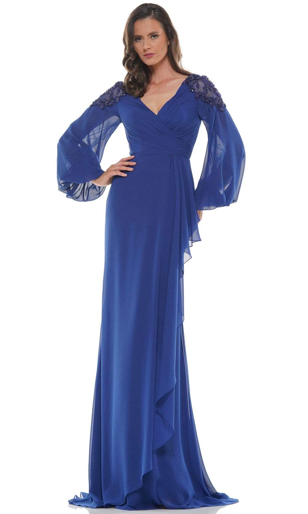 Marsoni by Colors - MV1074 Beaded Appliques Bishop Sleeve Chiffon Gown Mother of the Bride Dresses 4 / Indigo