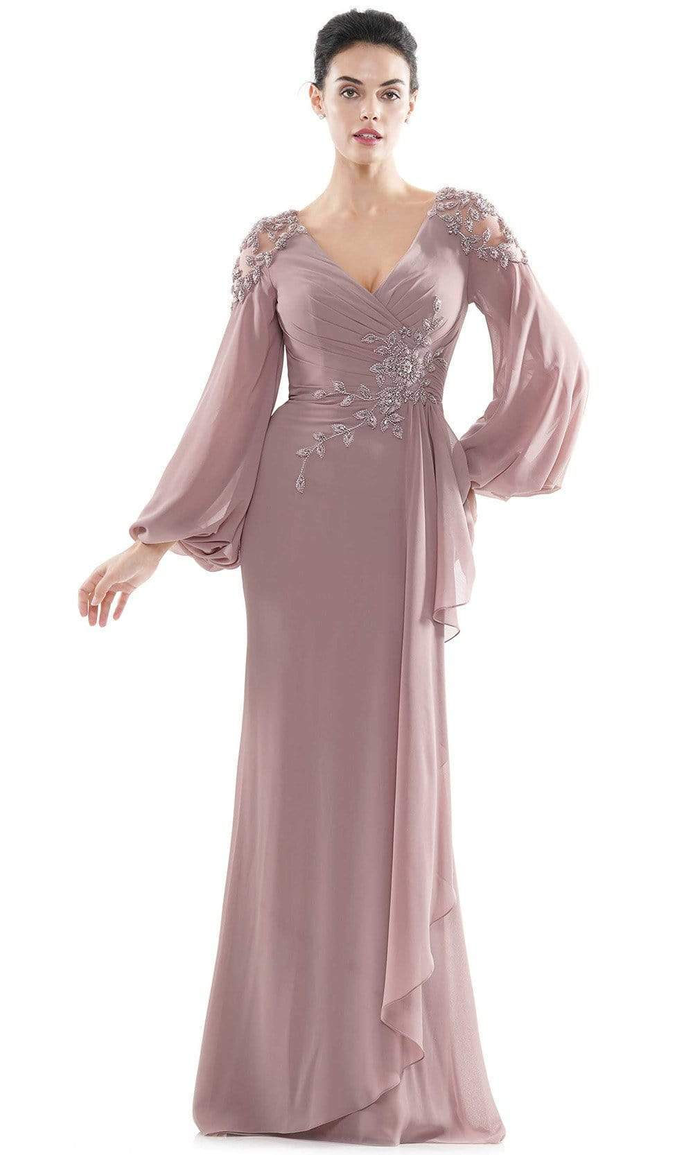 Marsoni by Colors - MV1074 Beaded Appliques Bishop Sleeve Chiffon Gown Mother of the Bride Dresses 4 / Mauve