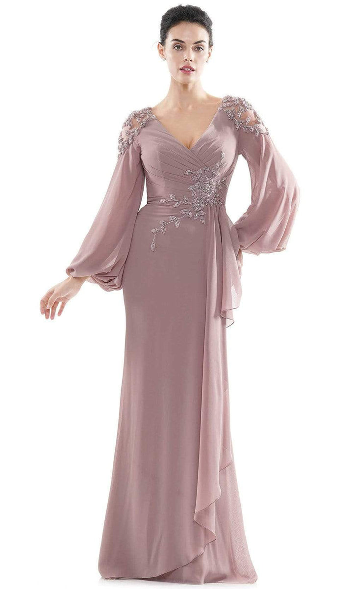 Marsoni by Colors - V-Neck Ruffled Drape Formal Gown MV1074 In Purple