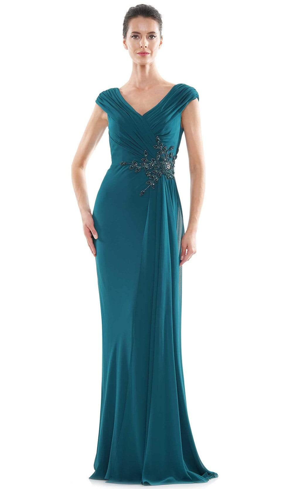 Marsoni by Colors - MV1080 Cap Sleeve Foliage Beaded Sheath Gown Mother of the Bride Dresses 4 / Deep Green