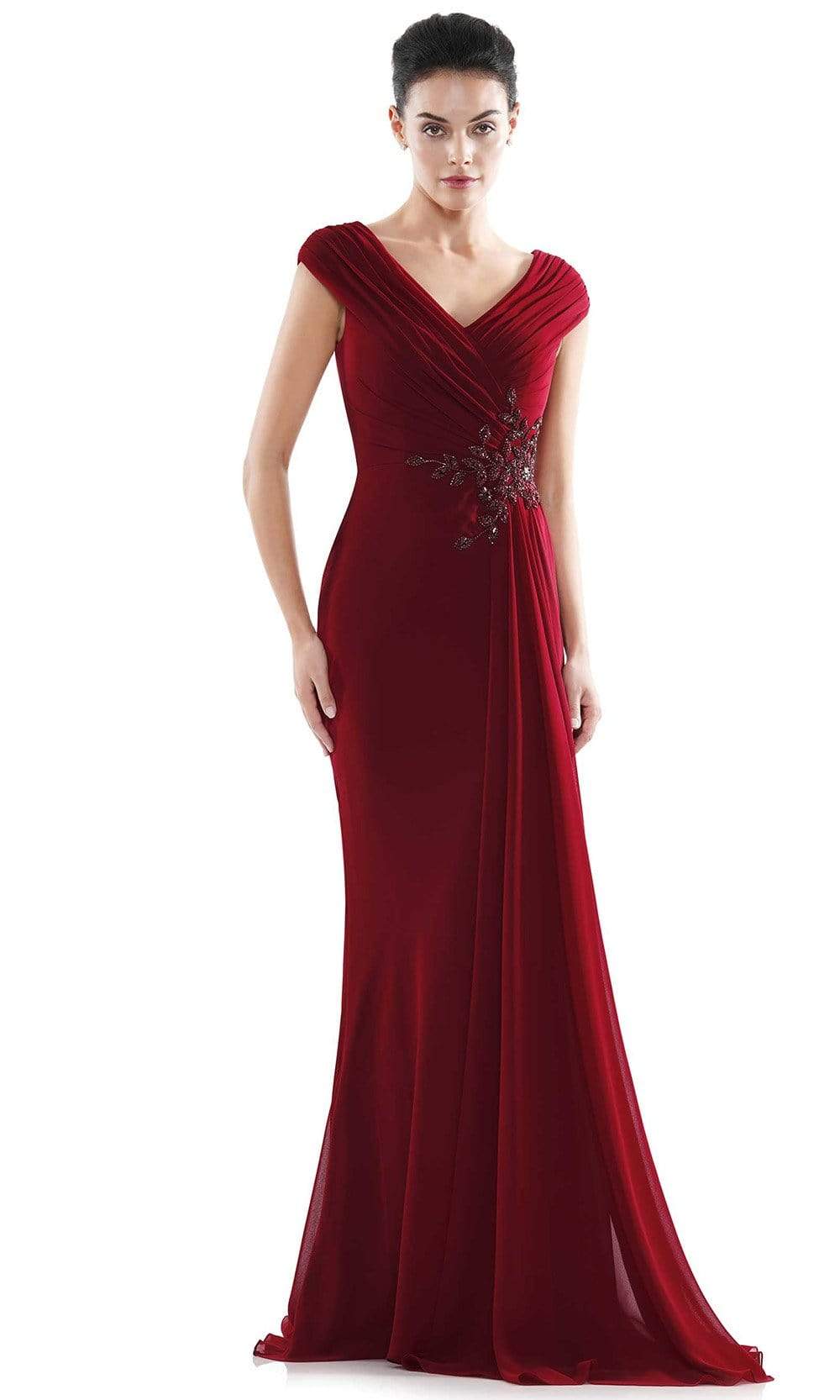 Marsoni by Colors - MV1080 Cap Sleeve Foliage Beaded Sheath Gown Mother of the Bride Dresses 4 / Wine