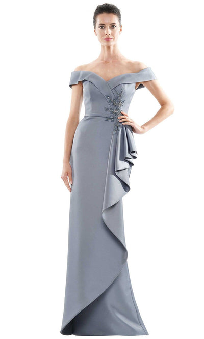 Marsoni by Colors - MV1087 Off Shoulder Beaded Ruffle Accented Gown Mother of the Bride Dresses 4 / Wedgewood