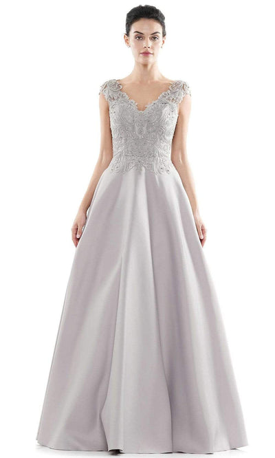 Marsoni by Colors - MV1088 Lace Applique V Neck Satin Ballgown Mother of the Bride Dresses 4 / Taupe