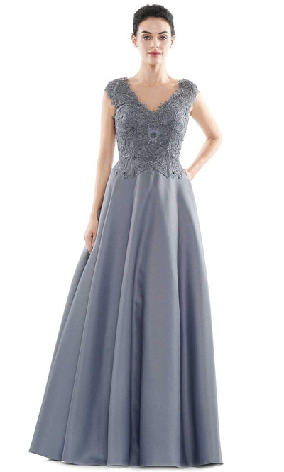 Marsoni by Colors - MV1088 Lace Applique V Neck Satin Ballgown Mother of the Bride Dresses 4 / Wedgewood