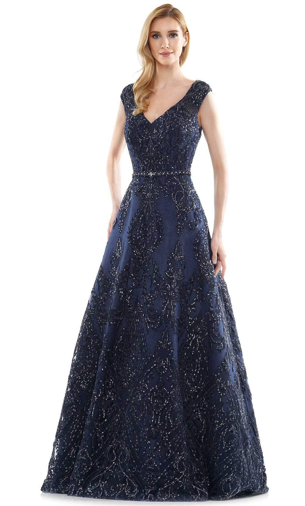 Marsoni by Colors - MV1092 Embellished V Neck A-Line Dress Mother of the Bride Dresses 4 / Navy