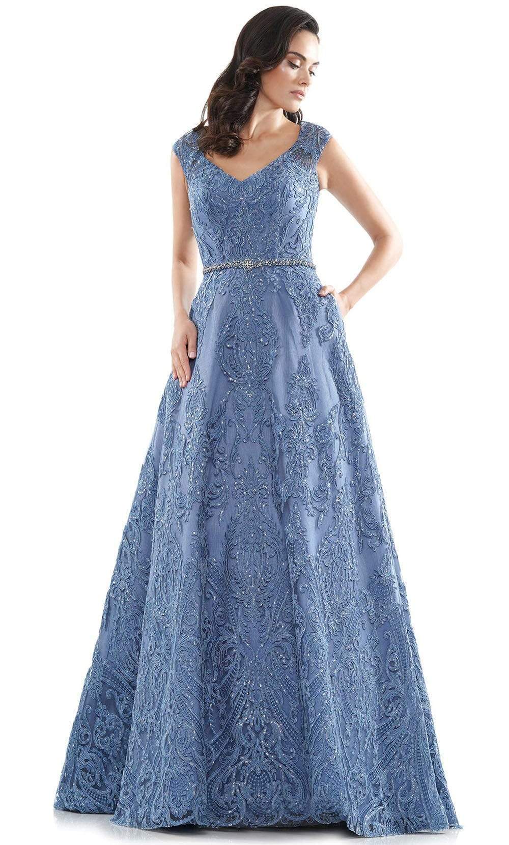 Marsoni by Colors - MV1092 Embellished V Neck A-Line Dress Mother of the Bride Dresses 4 / Slate Blue