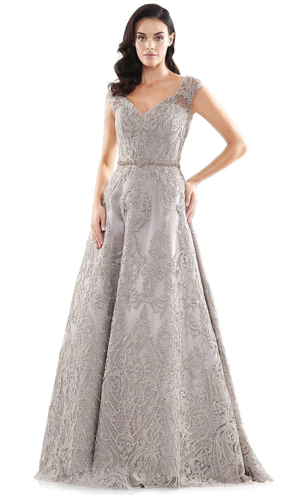 Marsoni by Colors - MV1092 Embellished V Neck A-Line Dress Mother of the Bride Dresses 4 / Taupe