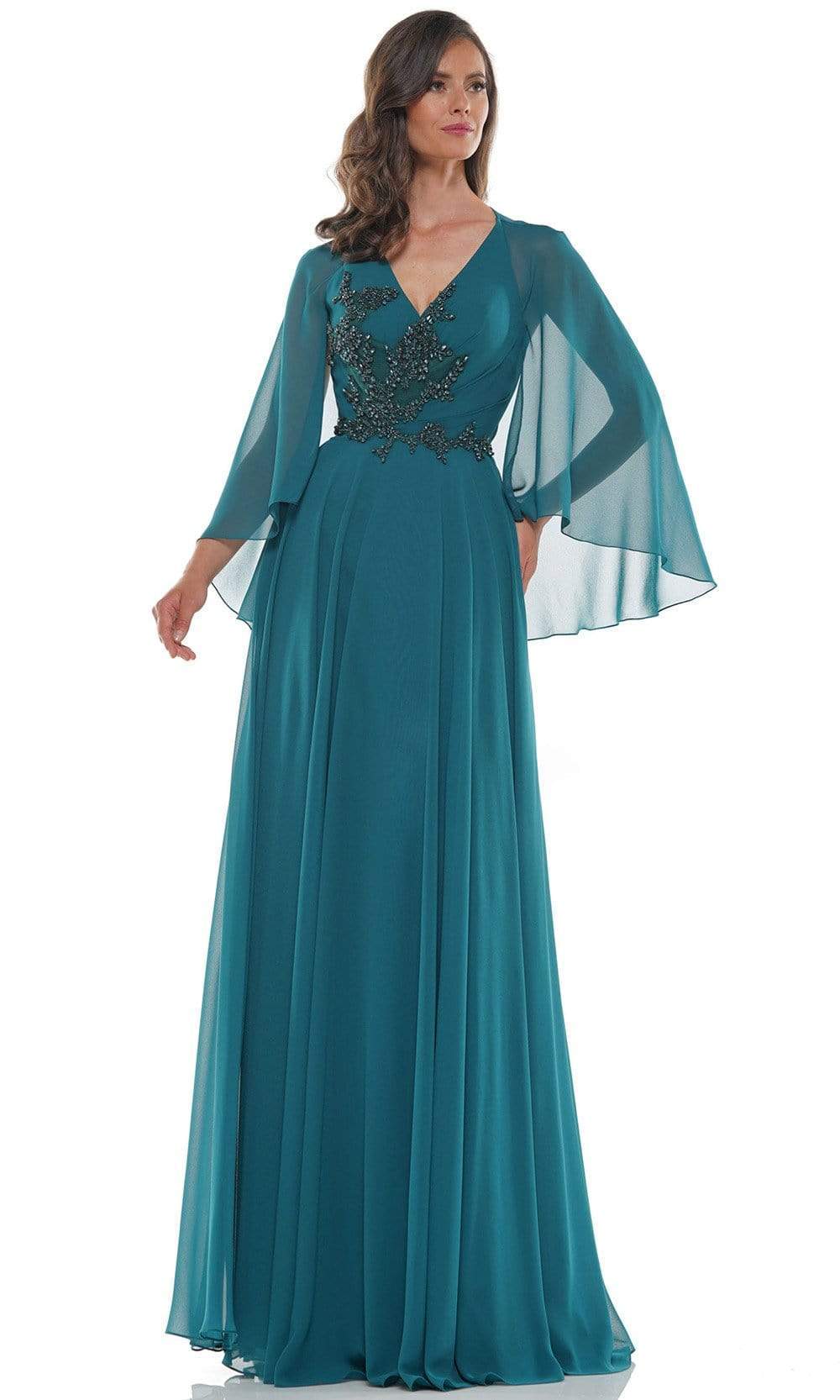 Marsoni by Colors - MV1094 Capelet Sleeve Beaded Chiffon A-Line Gown Mother of the Bride Dresses 6 / Deep Green