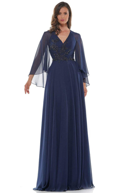 Marsoni by Colors - MV1094 Capelet Sleeve Beaded Chiffon A-Line Gown Mother of the Bride Dresses 6 / Navy