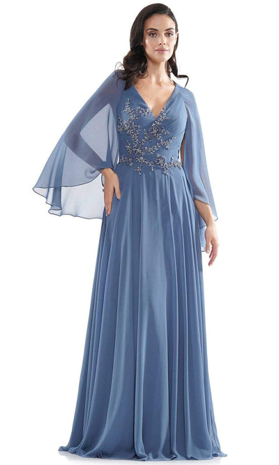 Marsoni by Colors - MV1094 Capelet Sleeve Beaded Chiffon A-Line Gown Mother of the Bride Dresses 6 / Slate Blue