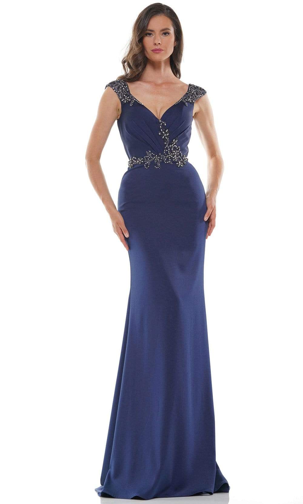 Marsoni by Colors - MV1101 Jeweled Cap Sleeve Mermaid Gown Mother of the Bride Dresses 4 / Navy