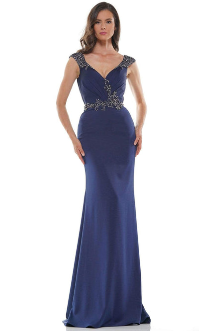 Marsoni by Colors - MV1101 Jeweled Cap Sleeve Mermaid Gown Mother of the Bride Dresses 4 / Navy