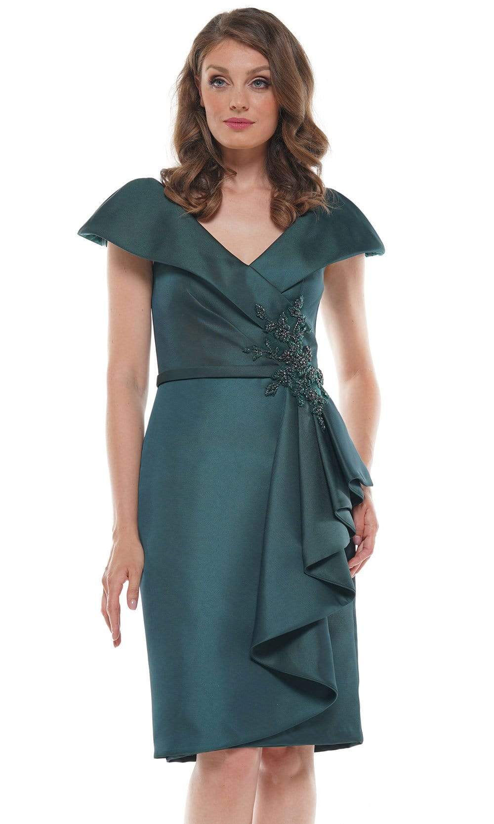 Marsoni by Colors - MV1106 Knee Length Ruffle Trimmed Sheath Dress Mother of the Bride Dresses 4 / Deep Green