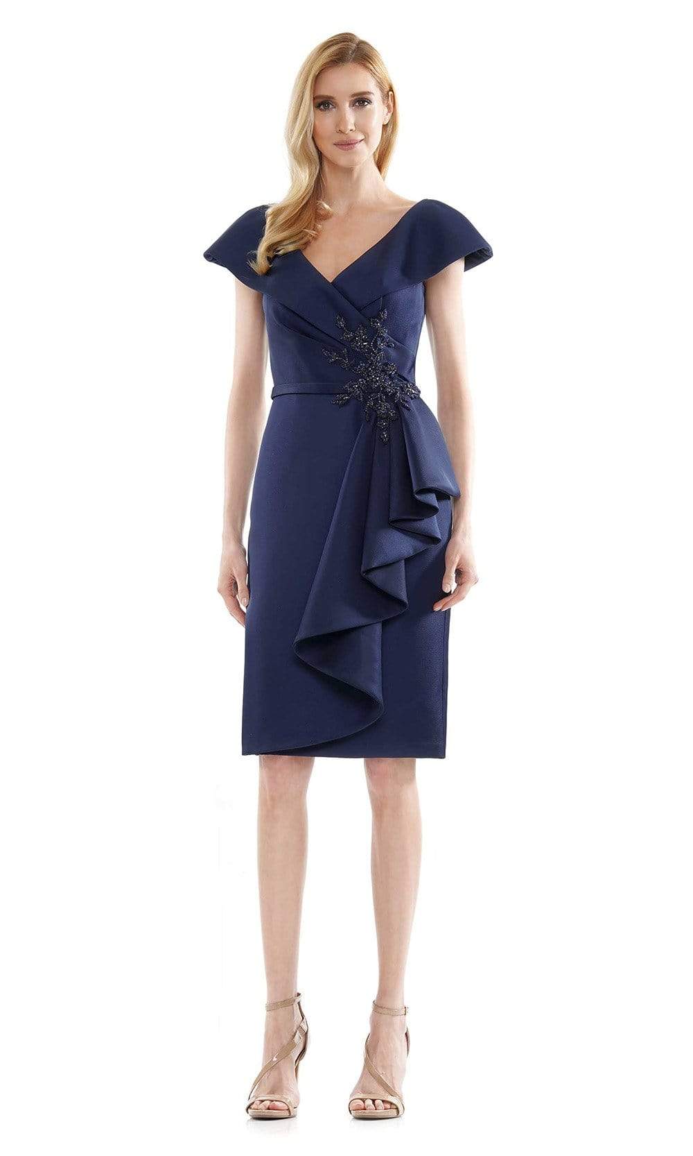 Marsoni by Colors - MV1106 Knee Length Ruffle Trimmed Sheath Dress Mother of the Bride Dresses 4 / Navy