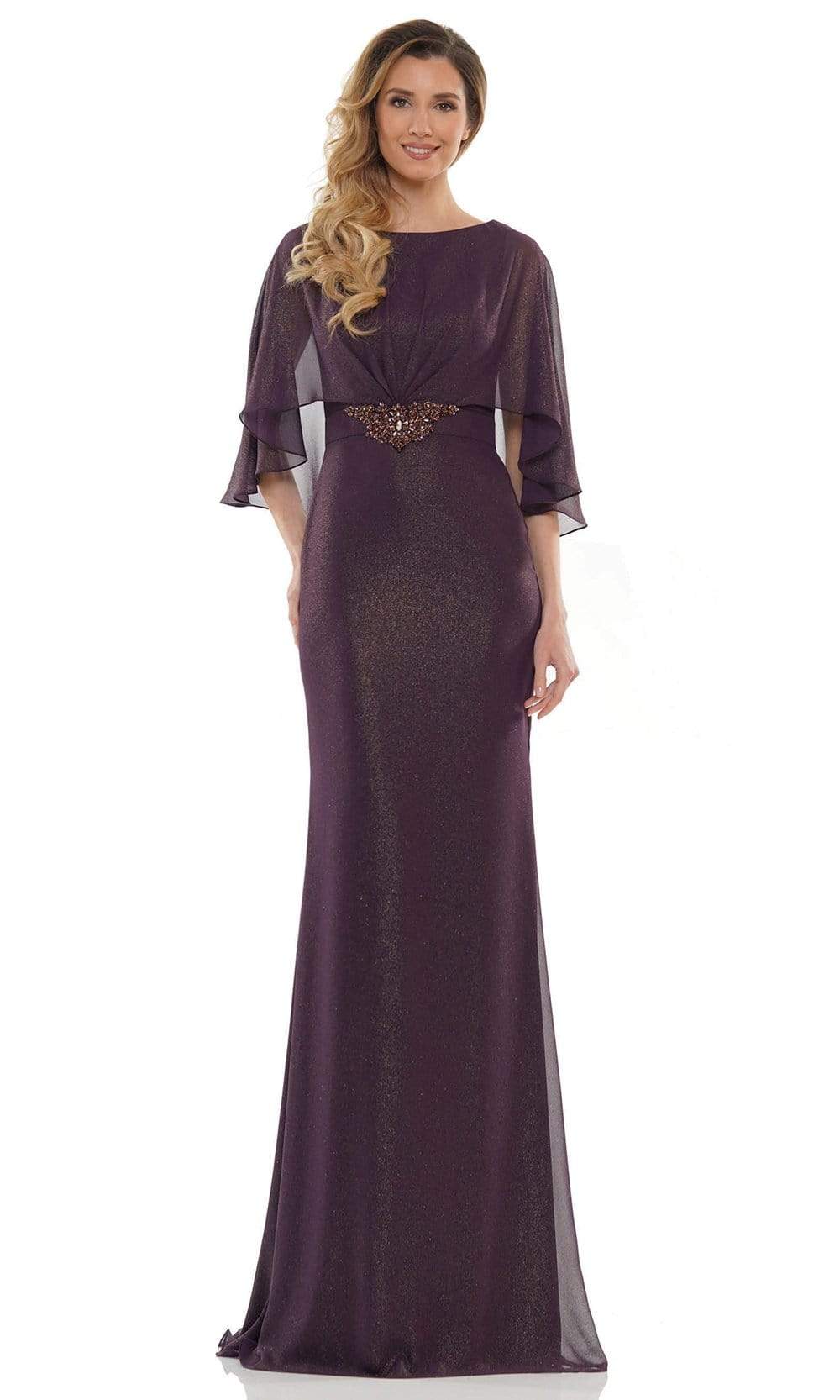 Marsoni by Colors - MV1130 Glittered Fabric Poncho Sheath Gown Mother of the Bride Dresses 4 / Eggplant