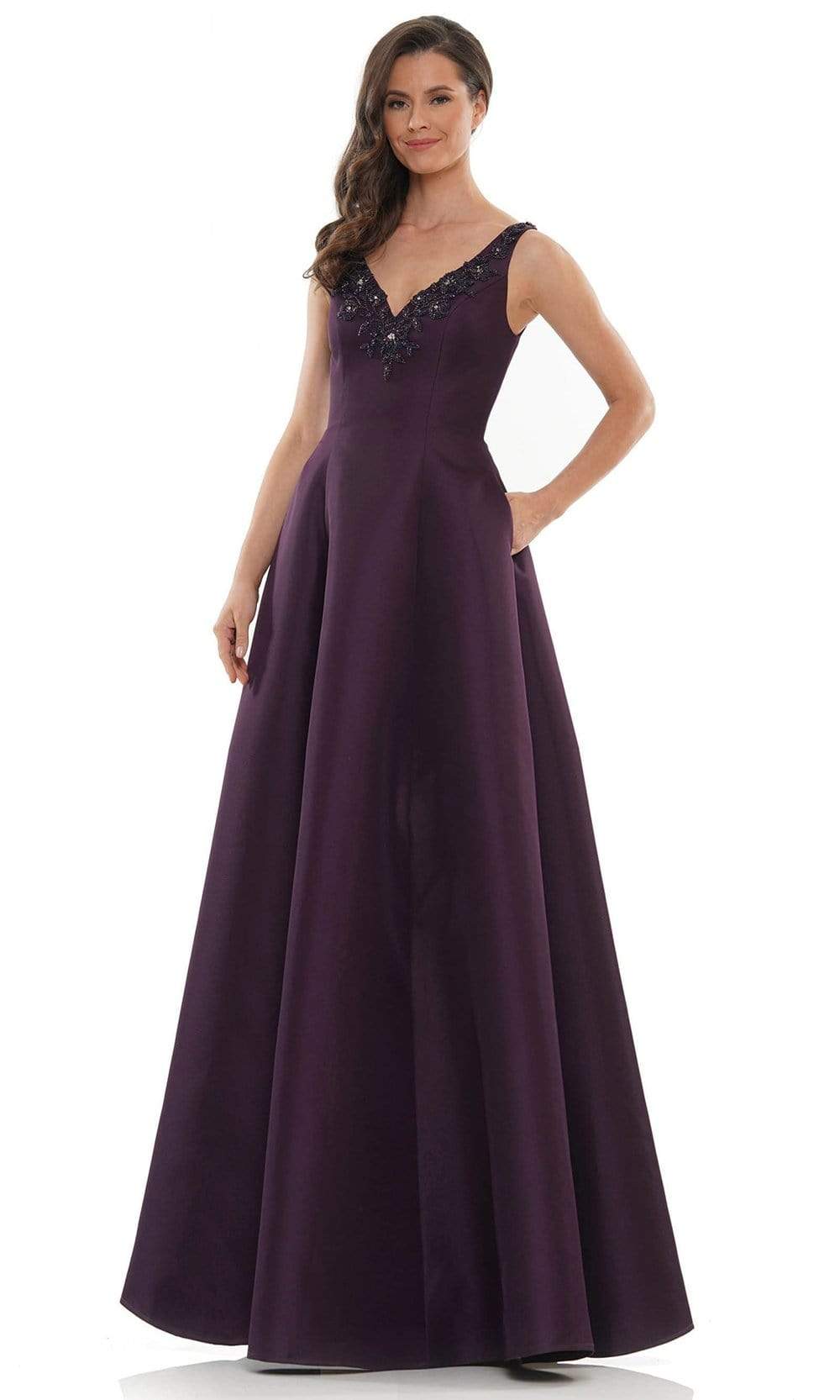 Marsoni by Colors - MV1139 Flower Beaded V Neck A-line Gown Mother of the Bride Dresses 4 / Eggplant