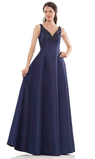 Marsoni by Colors - MV1139 Flower Beaded V Neck A-line Gown Mother of the Bride Dresses 4 / Navy