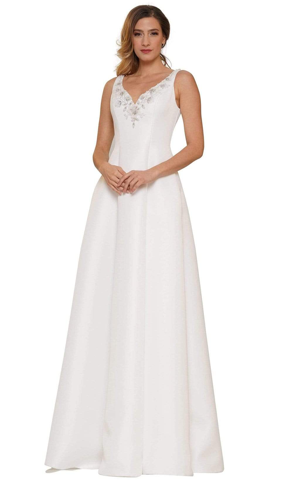 Marsoni by Colors - MV1139 Flower Beaded V Neck A-line Gown Mother of the Bride Dresses 4 / Off White