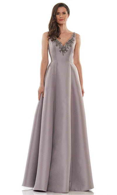 Marsoni by Colors - MV1139 Flower Beaded V Neck A-line Gown Mother of the Bride Dresses 4 / Taupe