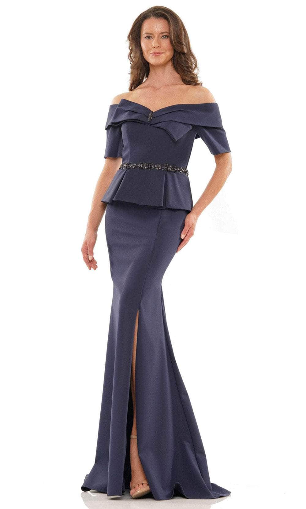 Marsoni by Colors MV1158 - Off-Shoulder Peplum Evening Gown Special Occasion Dress 4 / Oxford Blue