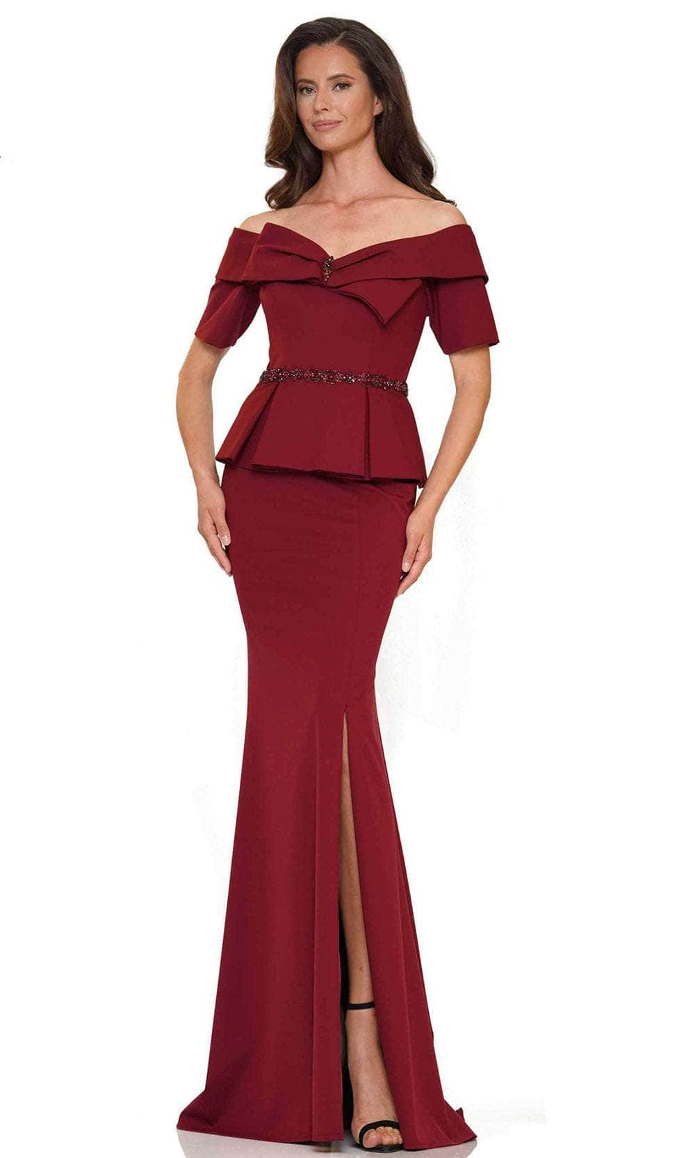 Marsoni by Colors MV1158 - Off-Shoulder Peplum Evening Gown Special Occasion Dress 4 / Wine
