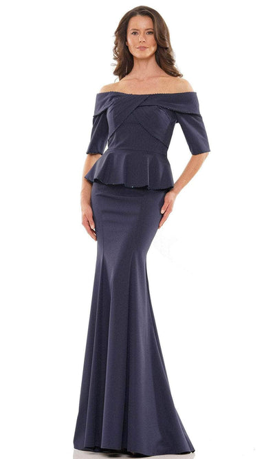 Marsoni by Colors MV1164 - Off Shoulder Mermaid Long Dress Special Occasion Dress 4 / Oxford Blue