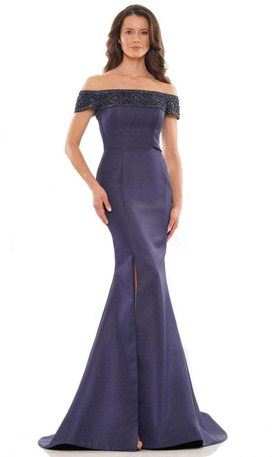 Marsoni by Colors MV1184 - Beaded Off Shoulder Evening Dress with Slit Special Occasion Dress 4 / Navy