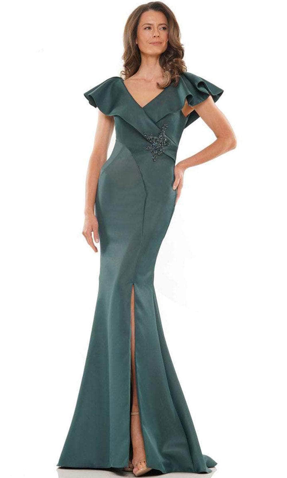 Marsoni by Colors MV1190 - Ruffled V-Neck Long Dress Special Occasion Dress 4 / Deep Green