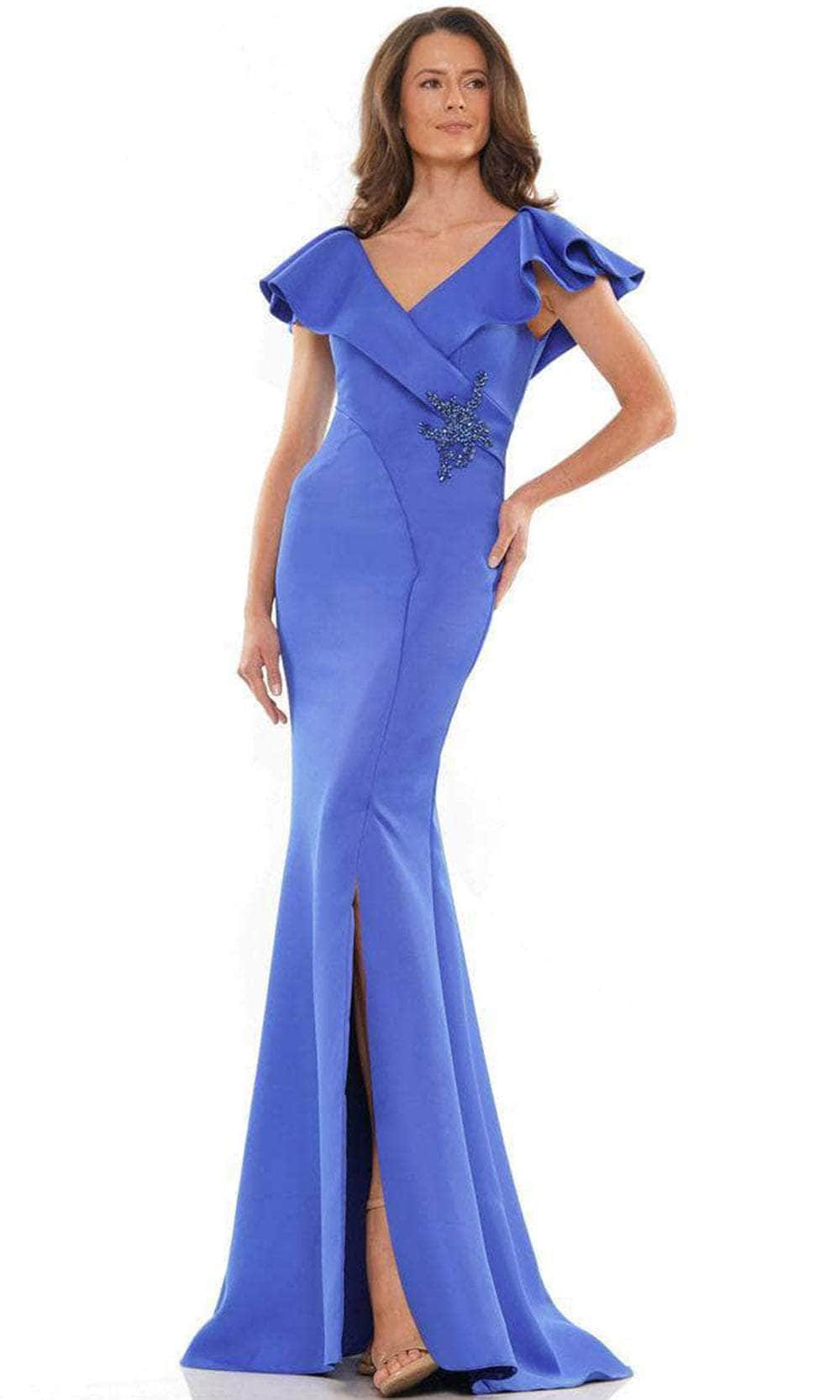 Marsoni by Colors MV1190 - Ruffled V-Neck Long Dress Special Occasion Dress 4 / Royal