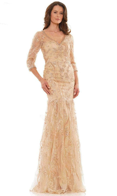 Marsoni by Colors MV1193 - Embroidered Quarter Length Sleeve Long Gown Prom Dresses 4 / Gold