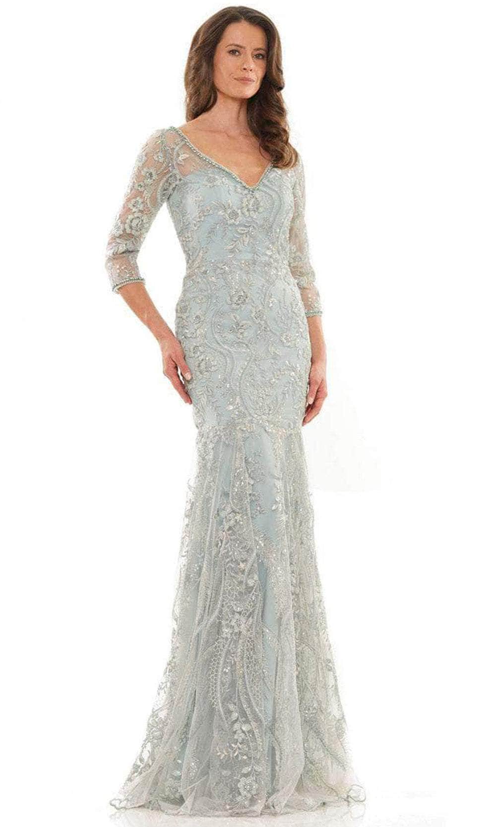 Marsoni by Colors MV1193 - Embroidered Quarter Length Sleeve Long Gown Prom Dresses 4 / Mint