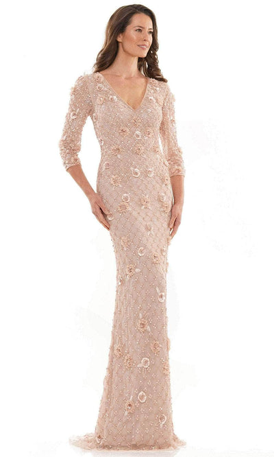 Marsoni by Colors MV1196 - Quarter Sleeve Floral Evening Gown Special Occasion Dress 4 / Blush