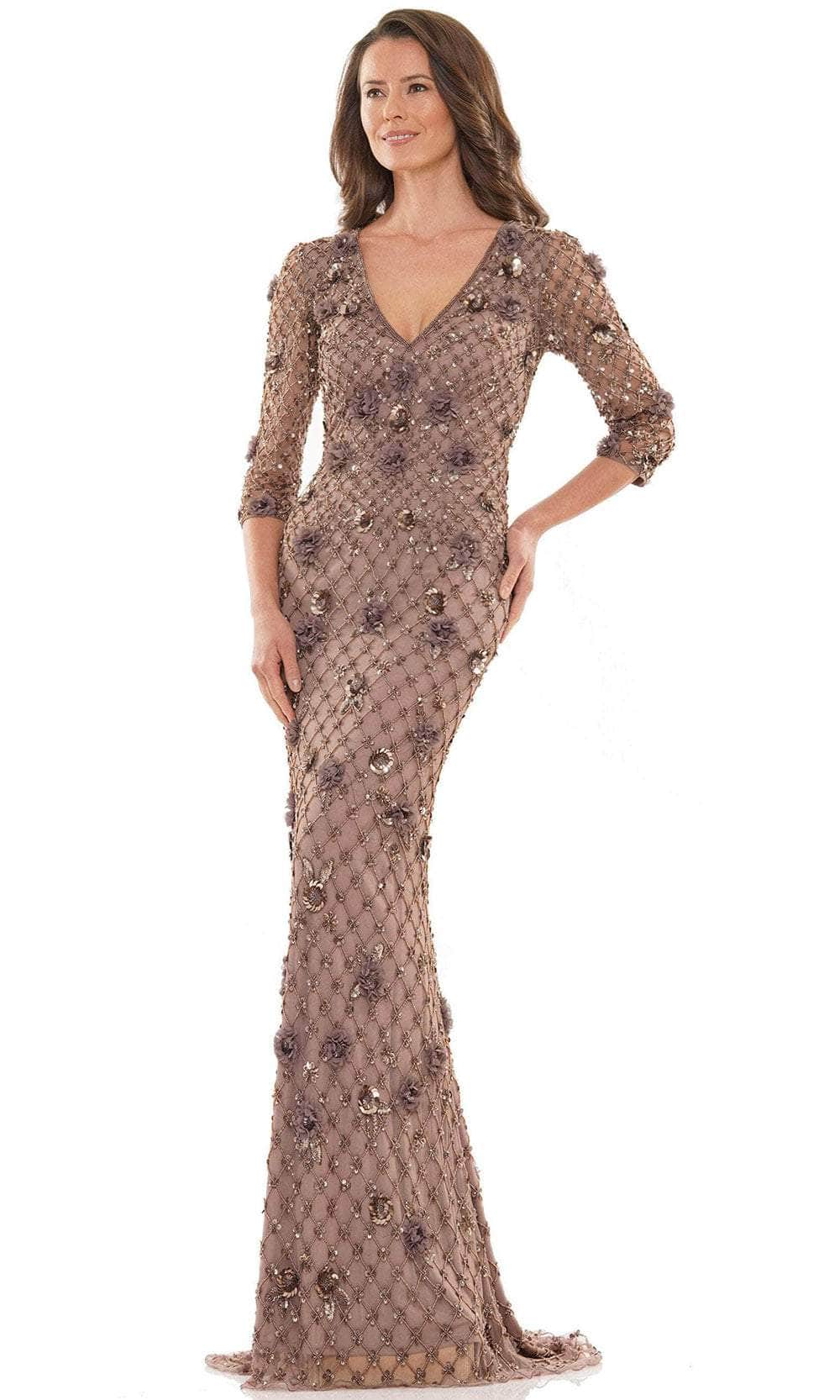 Marsoni by Colors MV1196 - Quarter Sleeve Floral Evening Gown Special Occasion Dress 4 / Dark Taupe