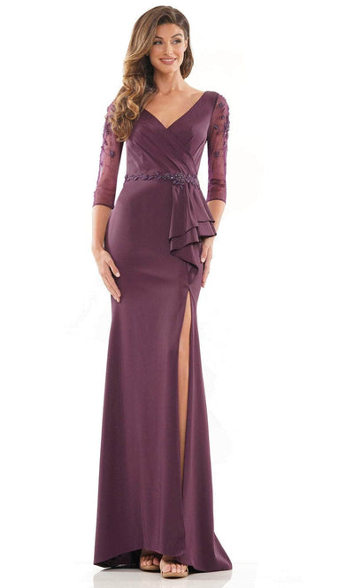 Marsoni by Colors MV1231 - Mesh Quarter Sleeved Formal Dress Special Occasion Dress 4 / Eggplant