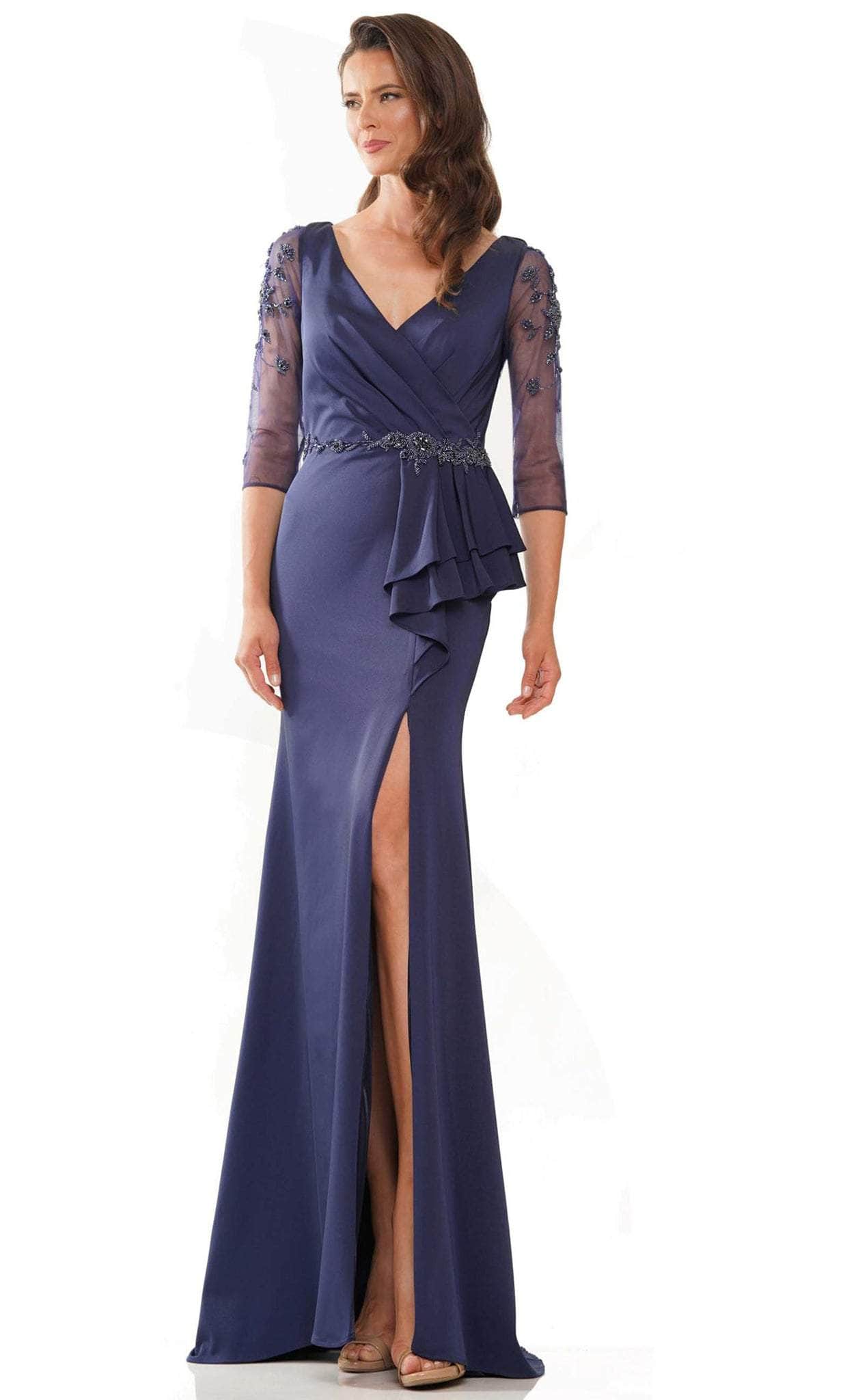 Marsoni by Colors MV1231 - Mesh Quarter Sleeved Formal Dress Special Occasion Dress 4 / Navy