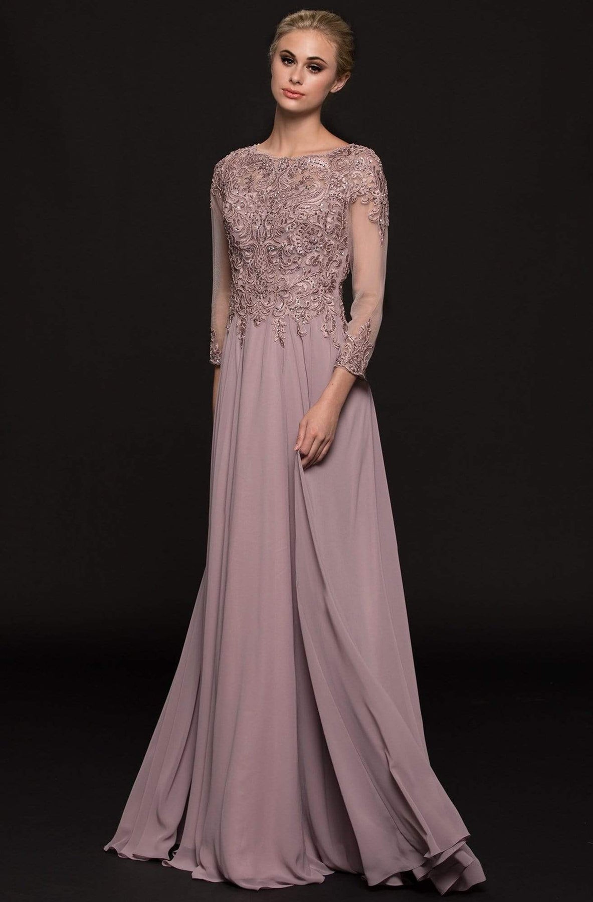 Marsoni by Colors - Quarter Sleeve Beaded Embroidered Chiffon Gown M217 - 1 pc Charcoal Grey in Size 10 and 1 pc Mauve in Size 10 Available CCSALE 10 / Mauve