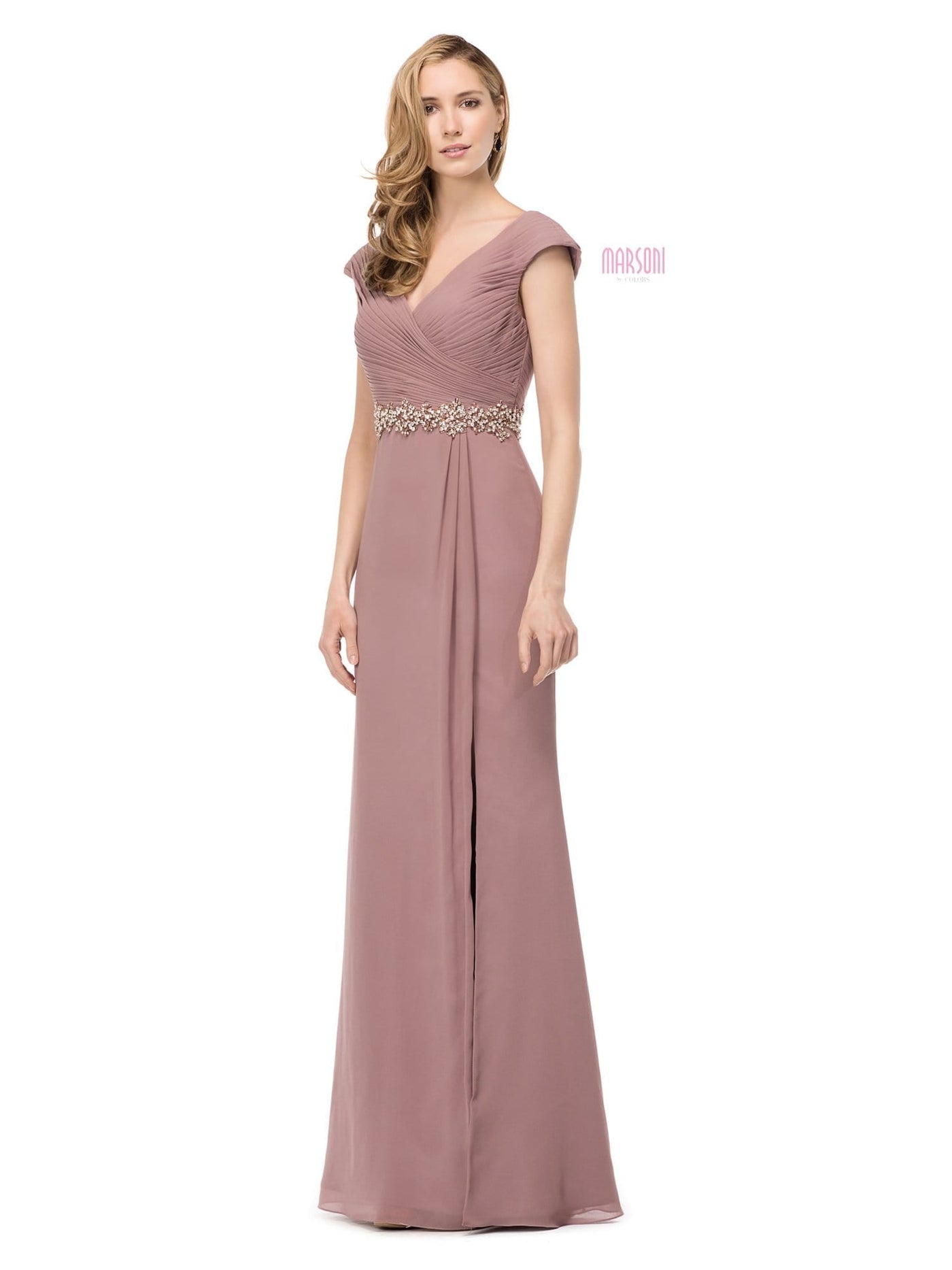 Marsoni by Colors - Ruched Wrap Cap Sleeve Gown M169 - 1 pc Taupe In Size 12 Available CCSALE 12 / Taupe