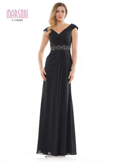 Marsoni by Colors - Ruched Wrap Cap Sleeve Gown M169 CCSALE 12 / Black