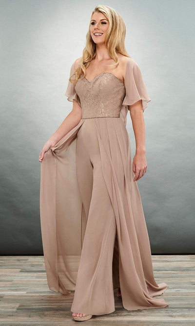 Mary's Bridal - Pleated Overlay Sweetheart Jumpsuit/A-Line MB8070SC In Brown