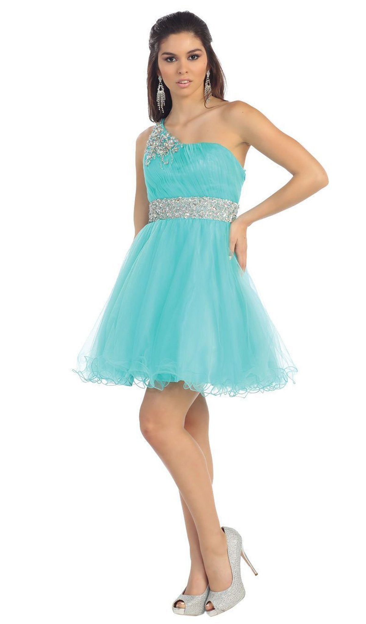 May Queen - Asymmetrical Shirred Bodice A-Line Cocktail Dress Special Occasion Dress 4 / Aqua