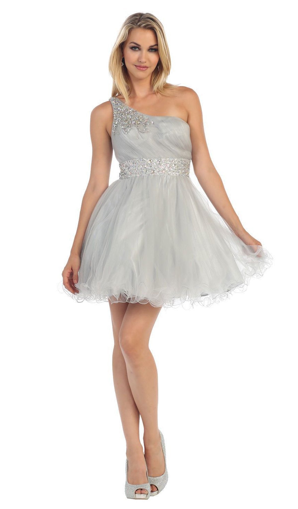 May Queen - Asymmetrical Shirred Bodice A-Line Cocktail Dress Special Occasion Dress 4 / Silver