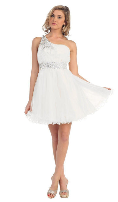 May Queen - Asymmetrical Shirred Bodice A-Line Cocktail Dress Special Occasion Dress 4 / White